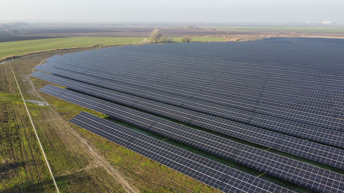 Aerial view of a utility-scale solar panel farm